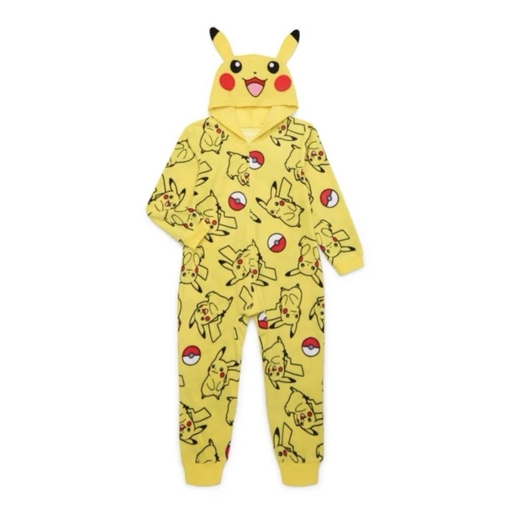 Pokemon Pikachu Union Suit Pajamas Kids 10/12 Yellow All Over Print Costume Hood